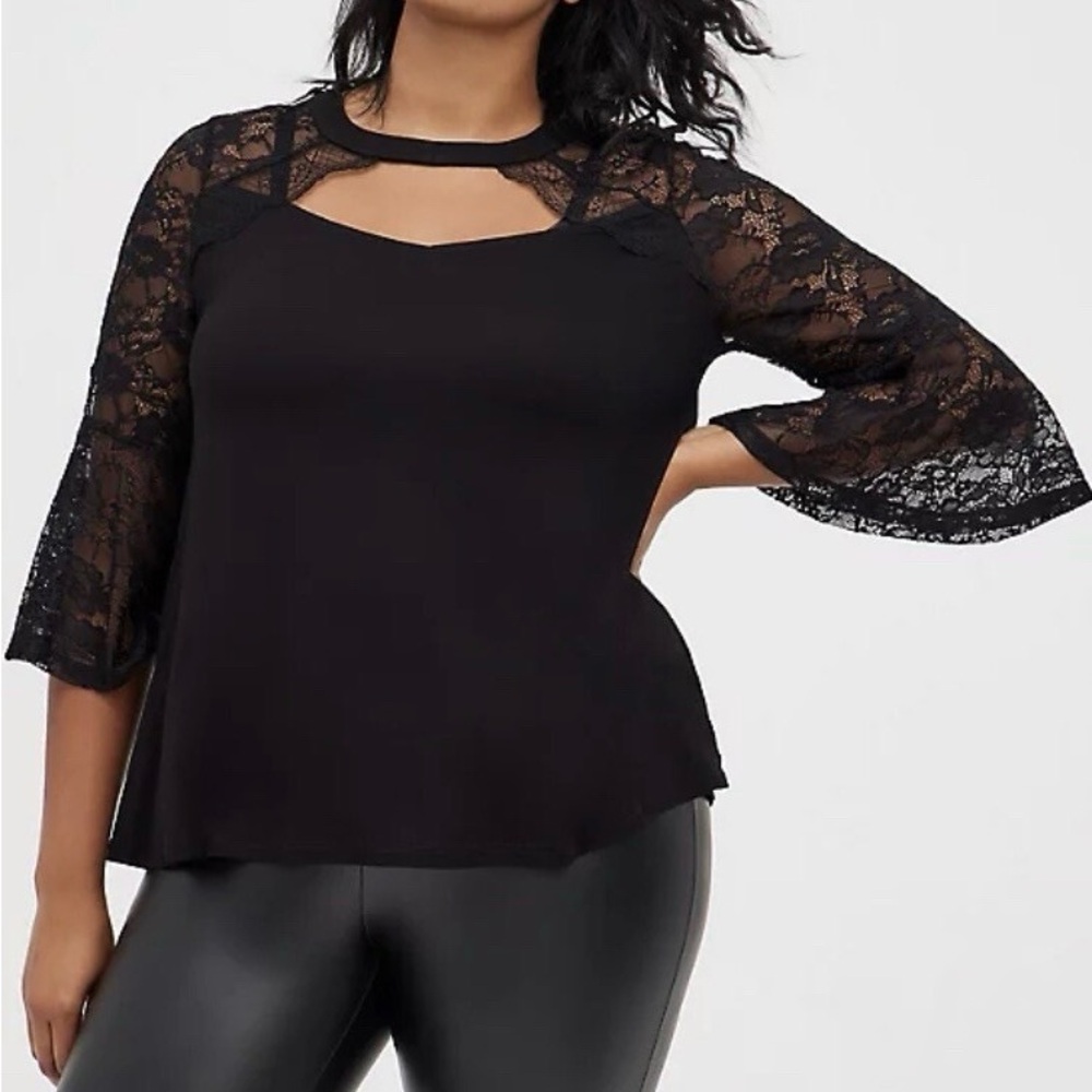 Torrid Black Super Soft Choker Neck Lace Sleeve Top / Blouse in Size 00 / 10